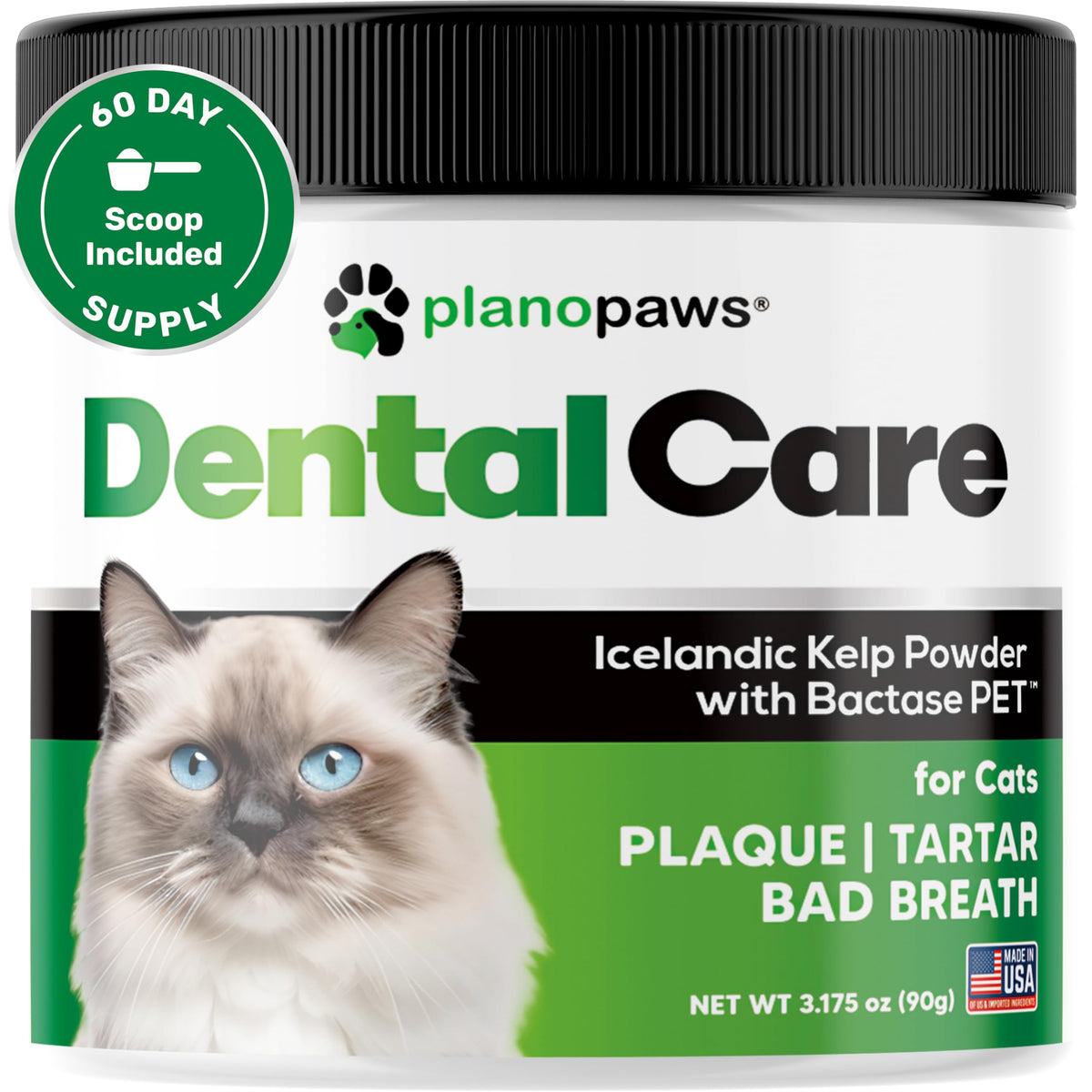 Planopaws Cat Dental Care Powder bottle pour for easy dosing and fresher breath