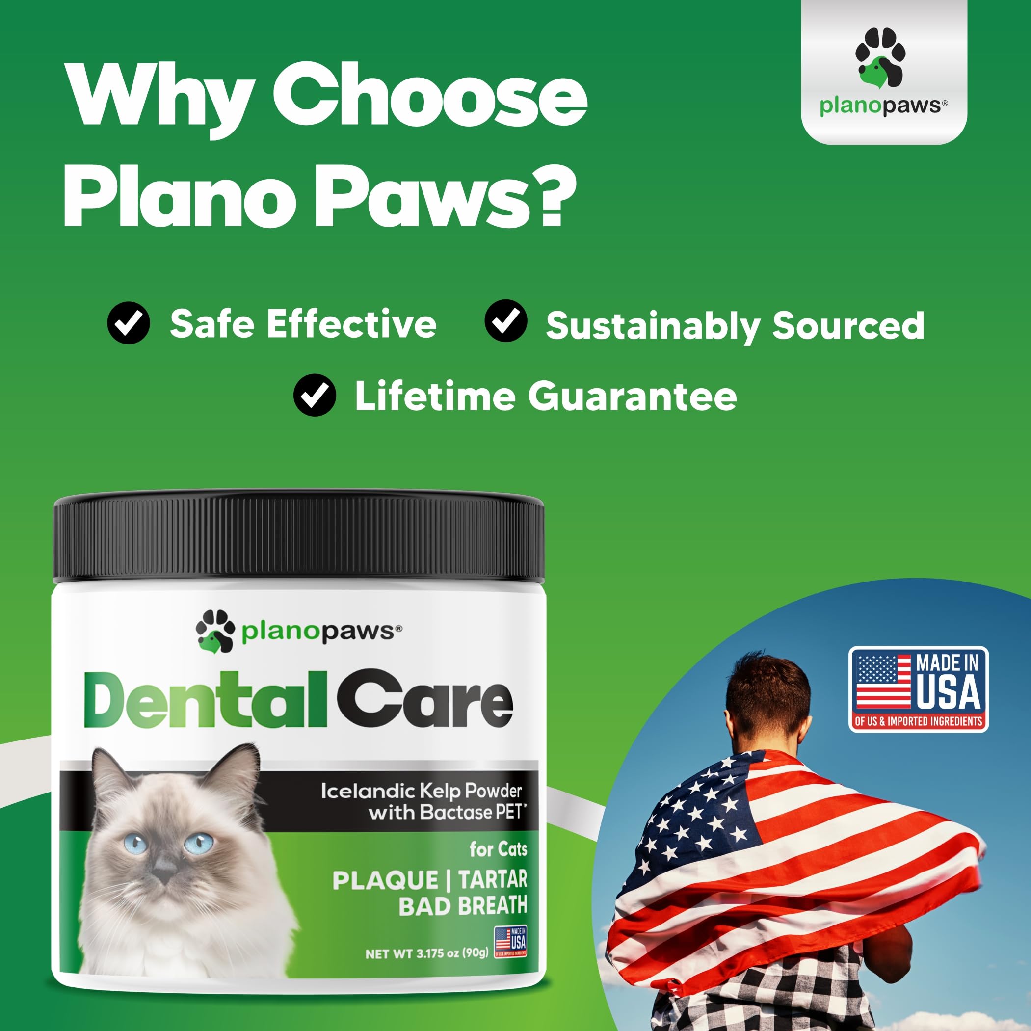 Planopaws Cat Dental Care Powder shown with a kitten to promote fresher breath