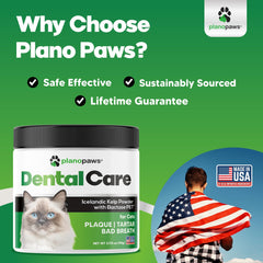 Planopaws Cat Dental Care Powder shown with a kitten to promote fresher breath