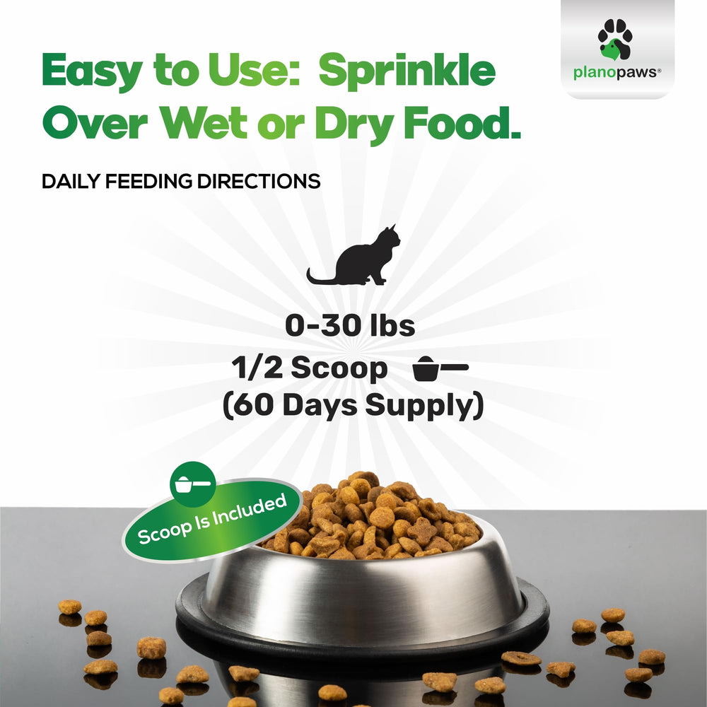 Planopaws Cat Dental Care Powder measuring scoop included for easy dosing