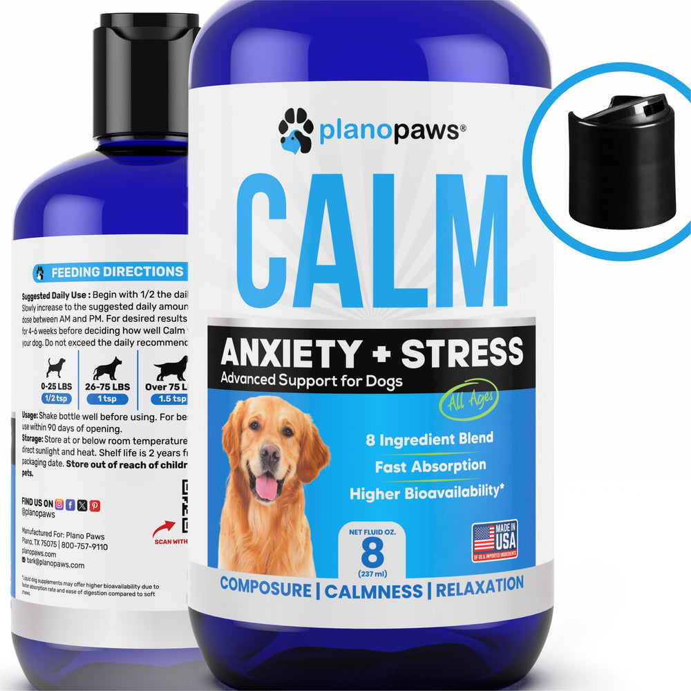 Planopaws dog anxiety liquid drops bottle showing hemp oil benefits for stressed dogs