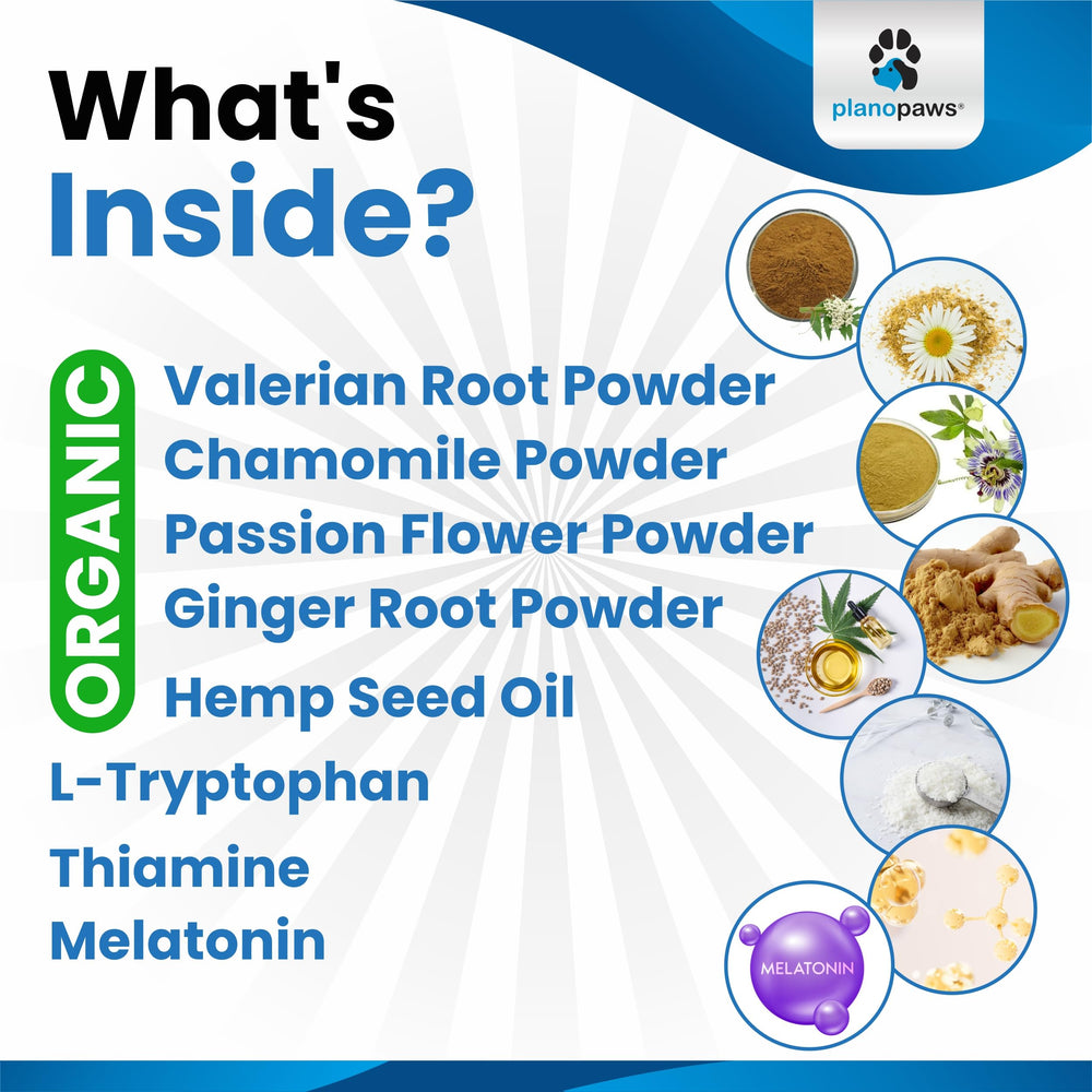 Planopaws bottle highlights melatonin and hemp oil ingredients