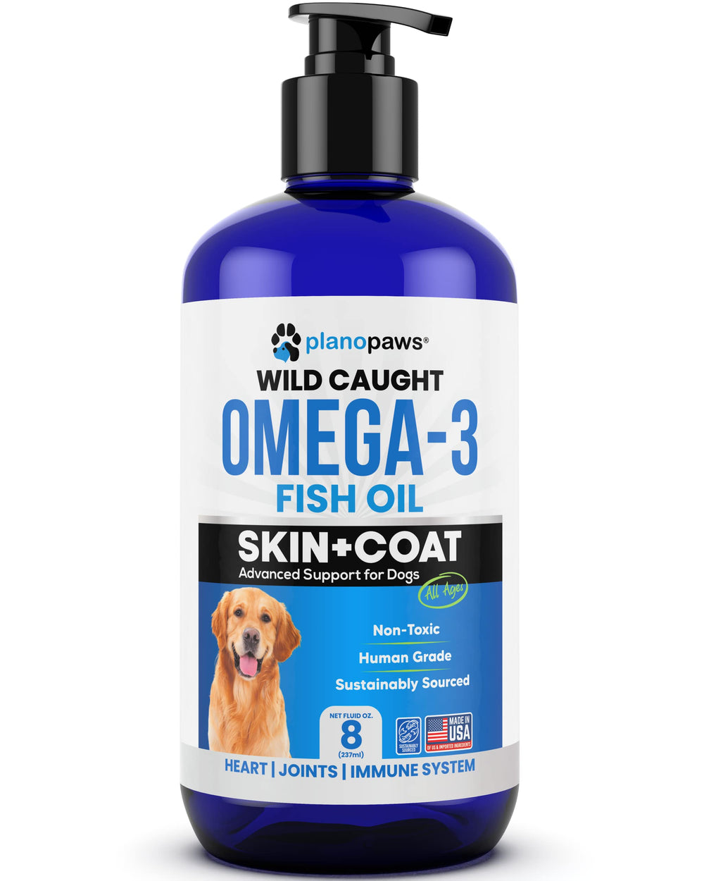 Plano Paws label highlights DHA and EPA benefits.