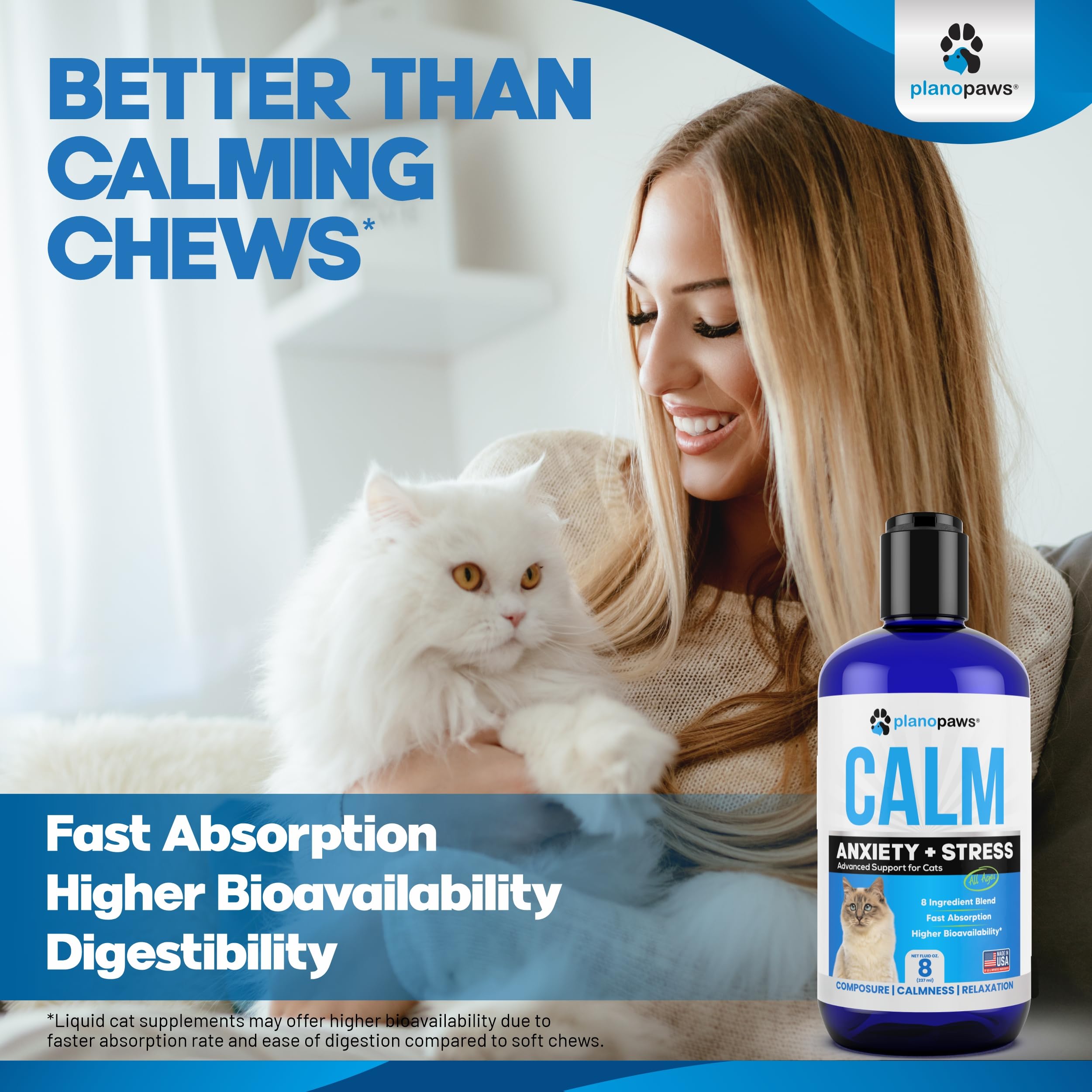 Planopaws melatonin-tryptophan calm drops illustrate mood support for pets.
