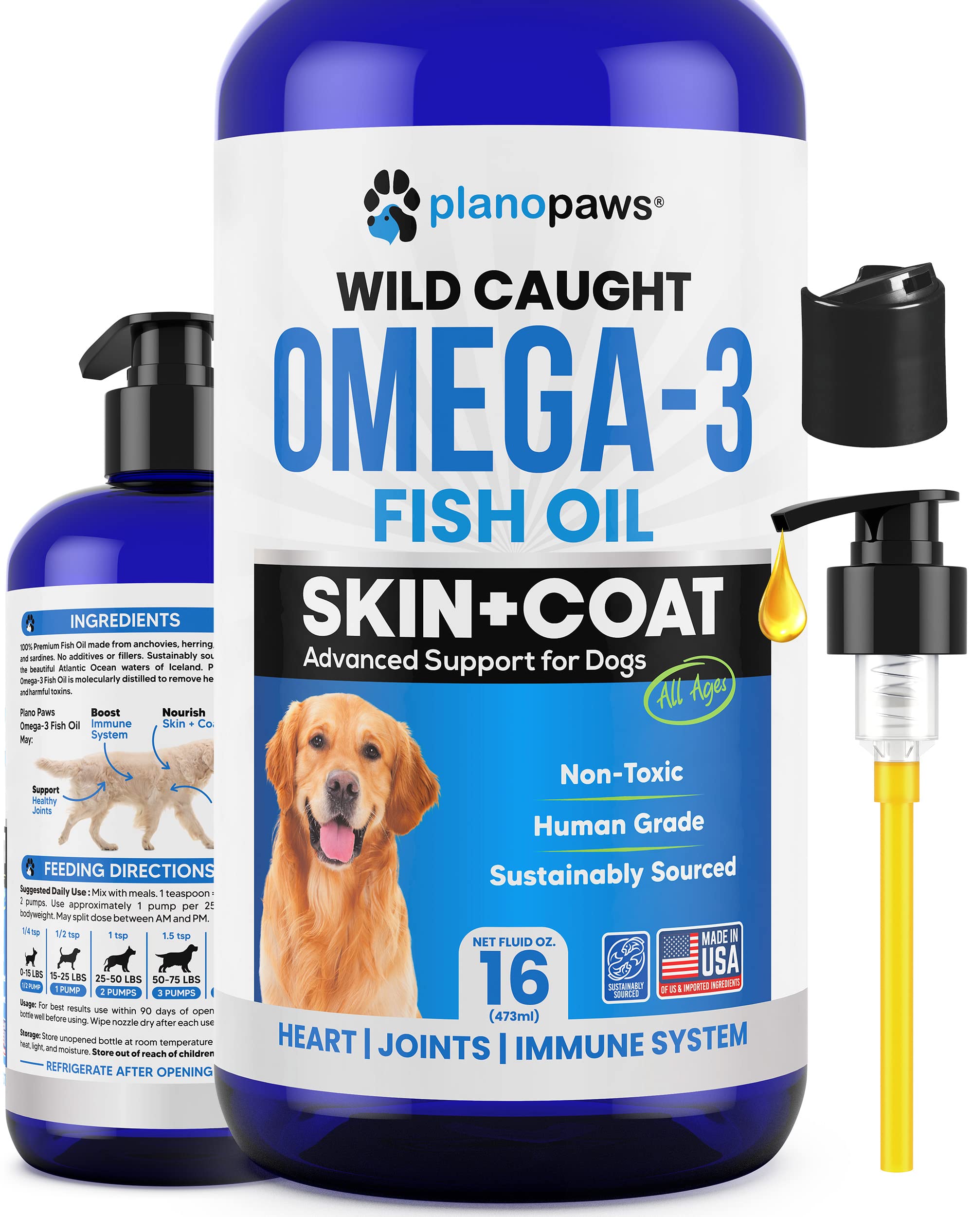 Planopaws Omega 3 for Dogs bottle pouring onto food for easy daily dosing