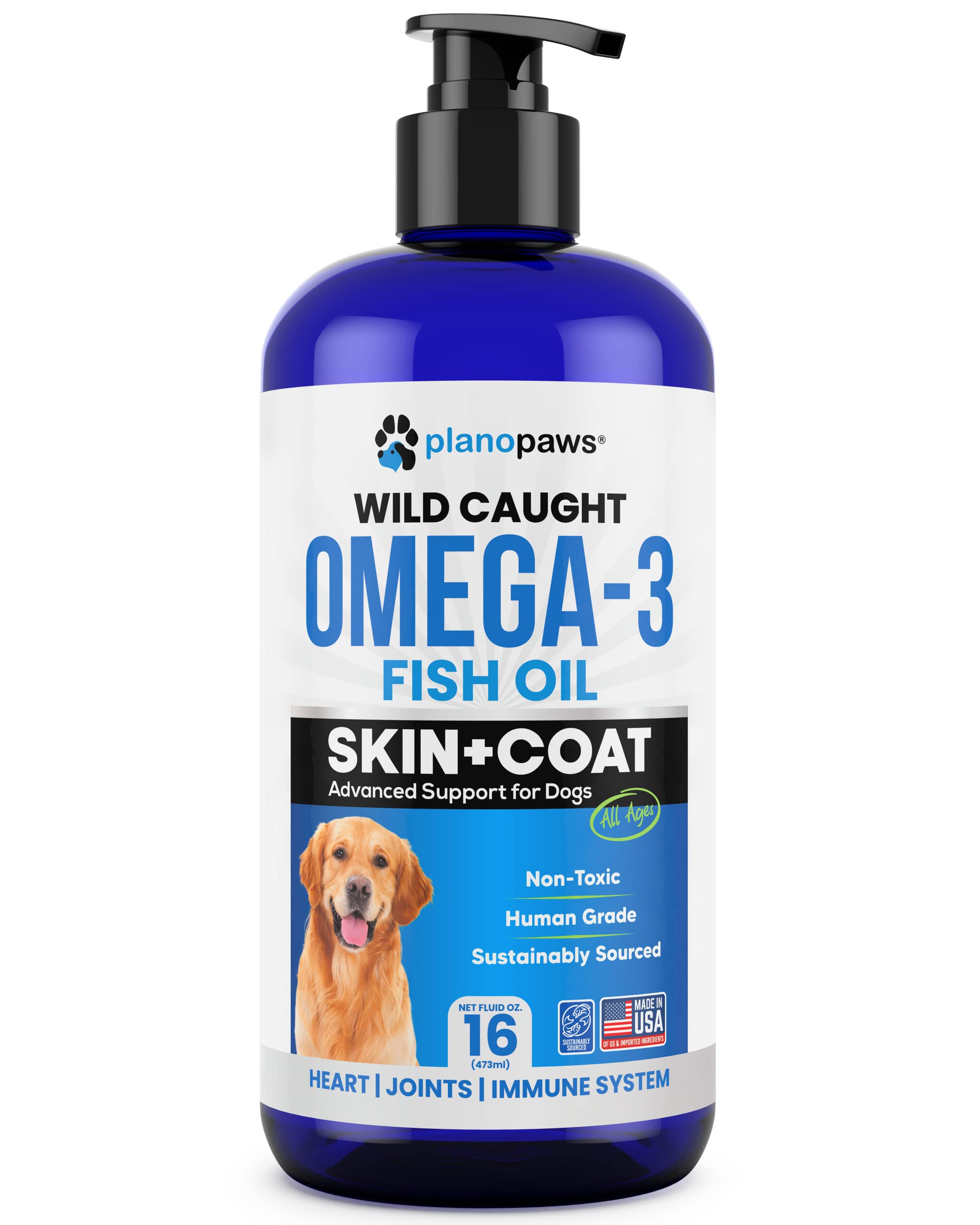 Planopaws Omega 3 for Dogs packaging highlights easy pump-on-diet convenience