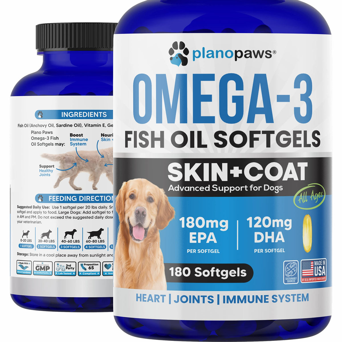 Planopaws Omega-3 softgel bottle for dogs, easy daily supplement.