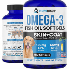 Planopaws Omega-3 softgel bottle for dogs, easy daily supplement.