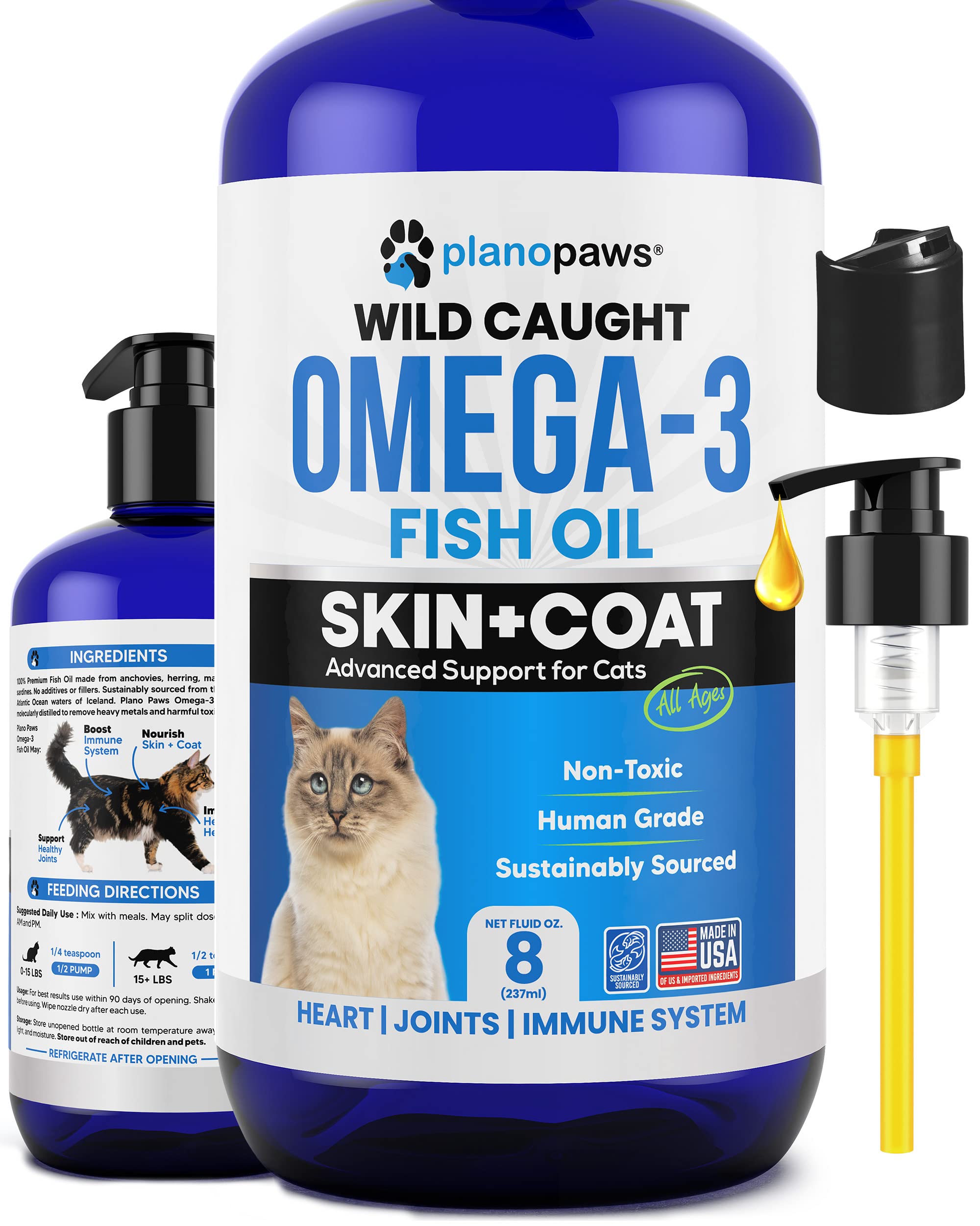 Plano Paws Omega-3 cat bottle pour demonstrates easy dosing for a healthier coat.