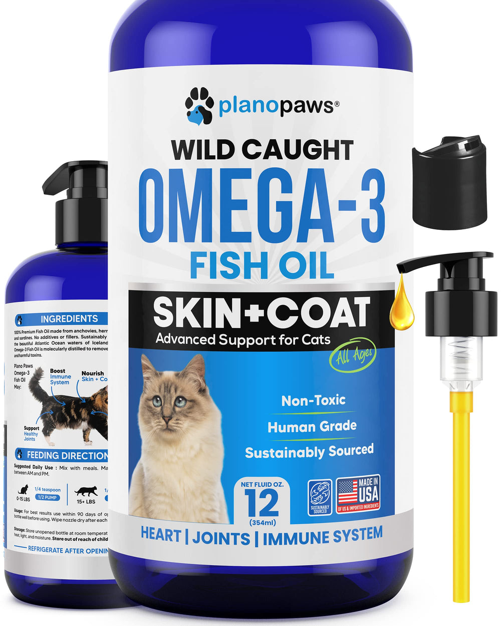 Planopaws Omega 3 Cat bottle being poured for easy dosing and coat support.