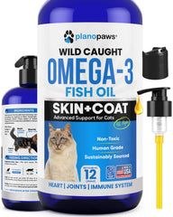 Planopaws Omega 3 Cat bottle being poured for easy dosing and coat support.