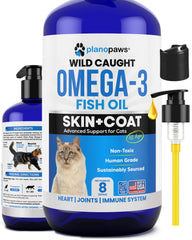 Plano Paws Omega-3 cat bottle pour demonstrates easy dosing for a healthier coat.