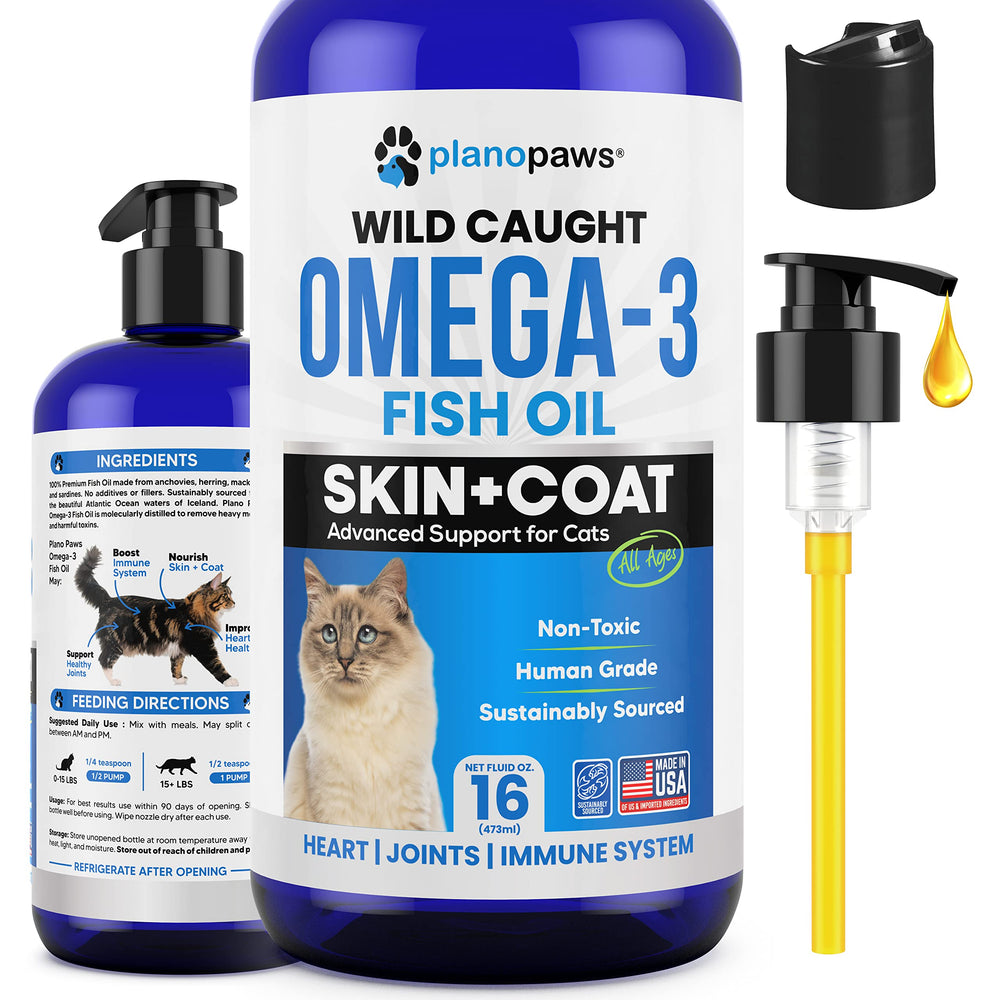 Planopaws Omega 3 for cats bottle pump showing easy daily dosing for coat care