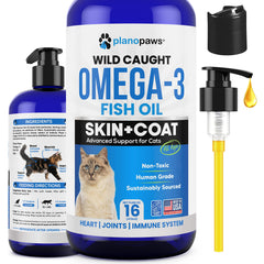 Planopaws Omega 3 for cats bottle pump showing easy daily dosing for coat care