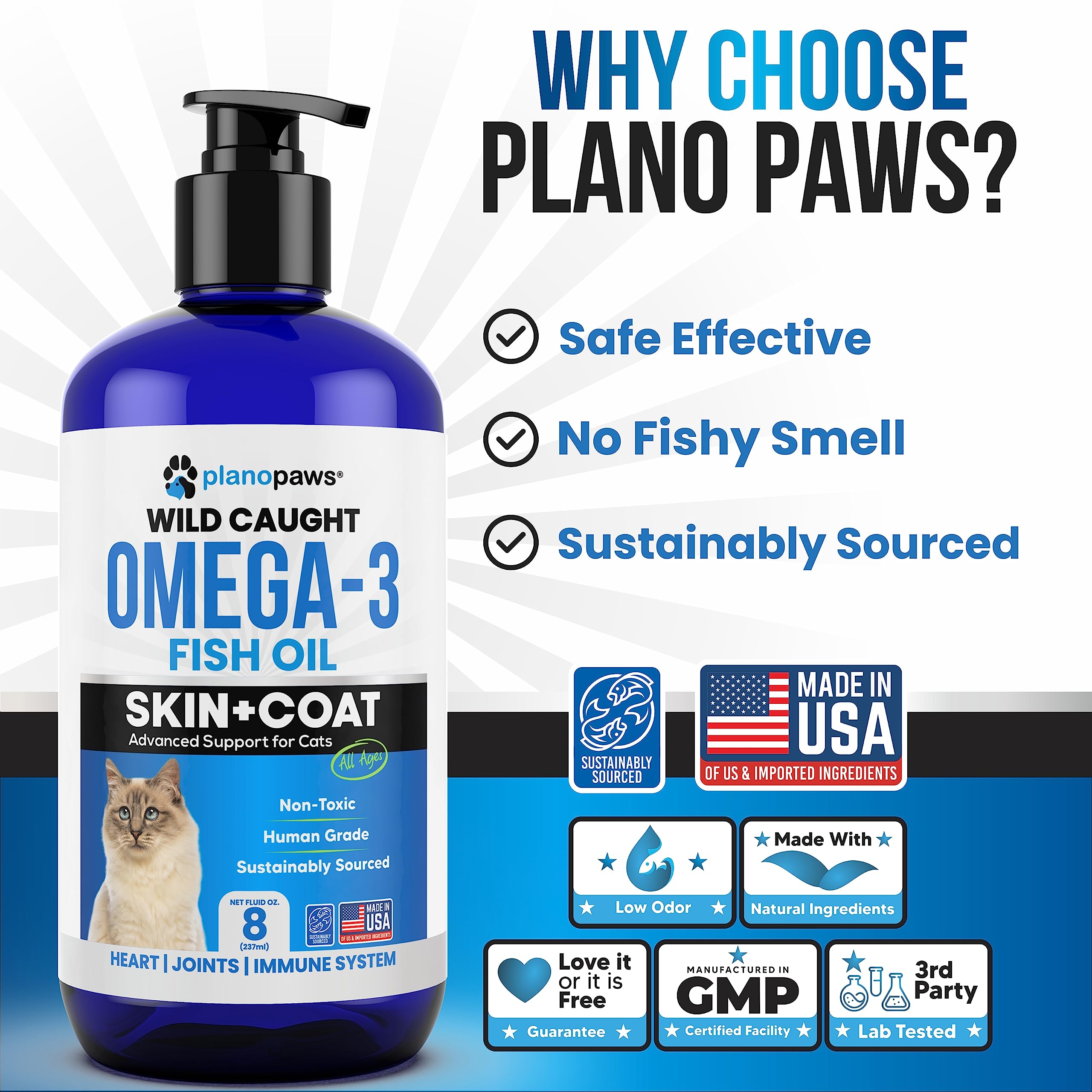 Plano Paws Omega-3 cat pump-dispense enables quick, mess-free feeding.