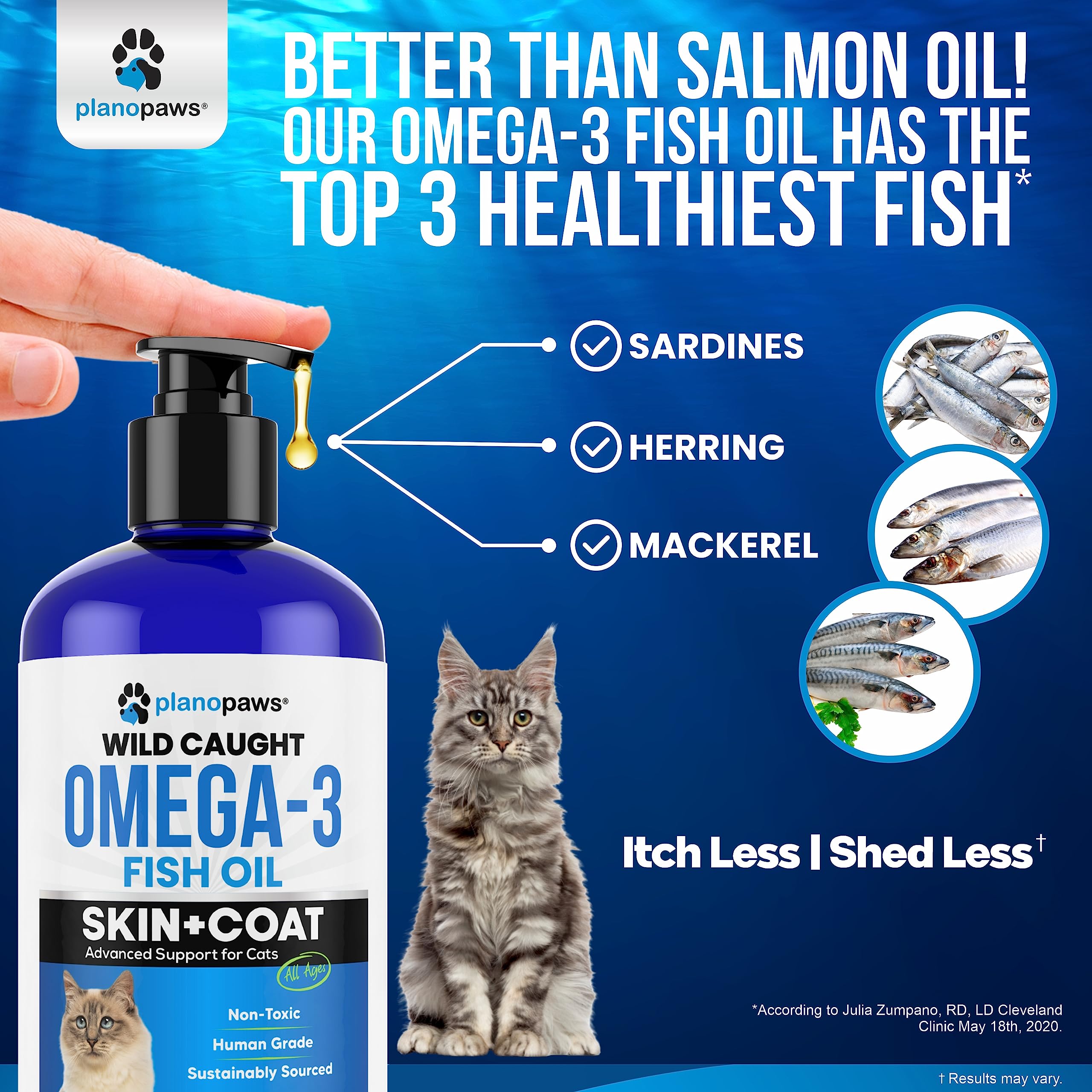 Planopaws Omega 3 cat pump-dispense demonstrates simple daily dosing.