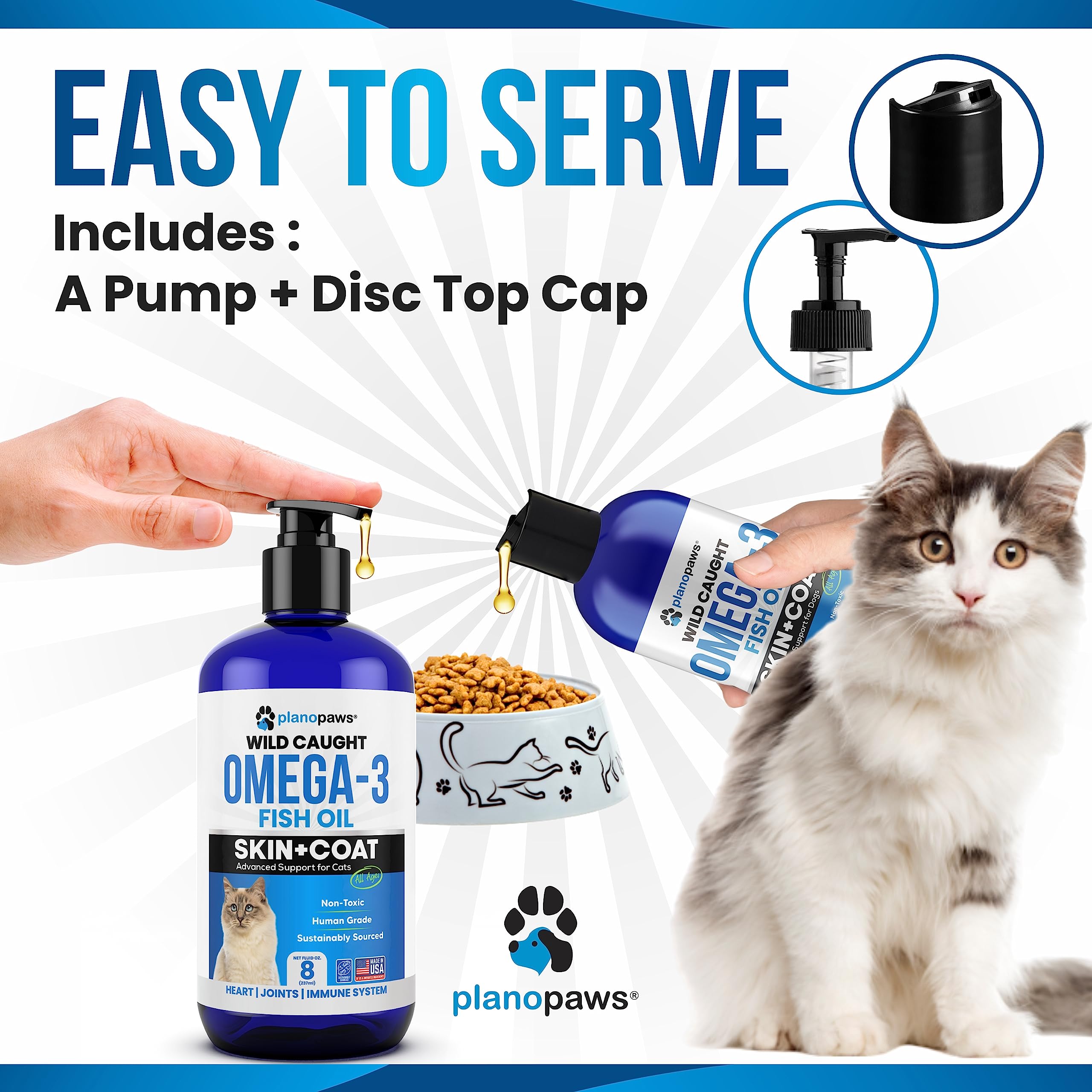 Plano Paws Omega-3 cat sustainability sourcing highlights ocean-friendly origins.
