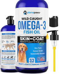 Planopaws Omega 3 bottle highlights pure fish oil formula for healthy coat and skin