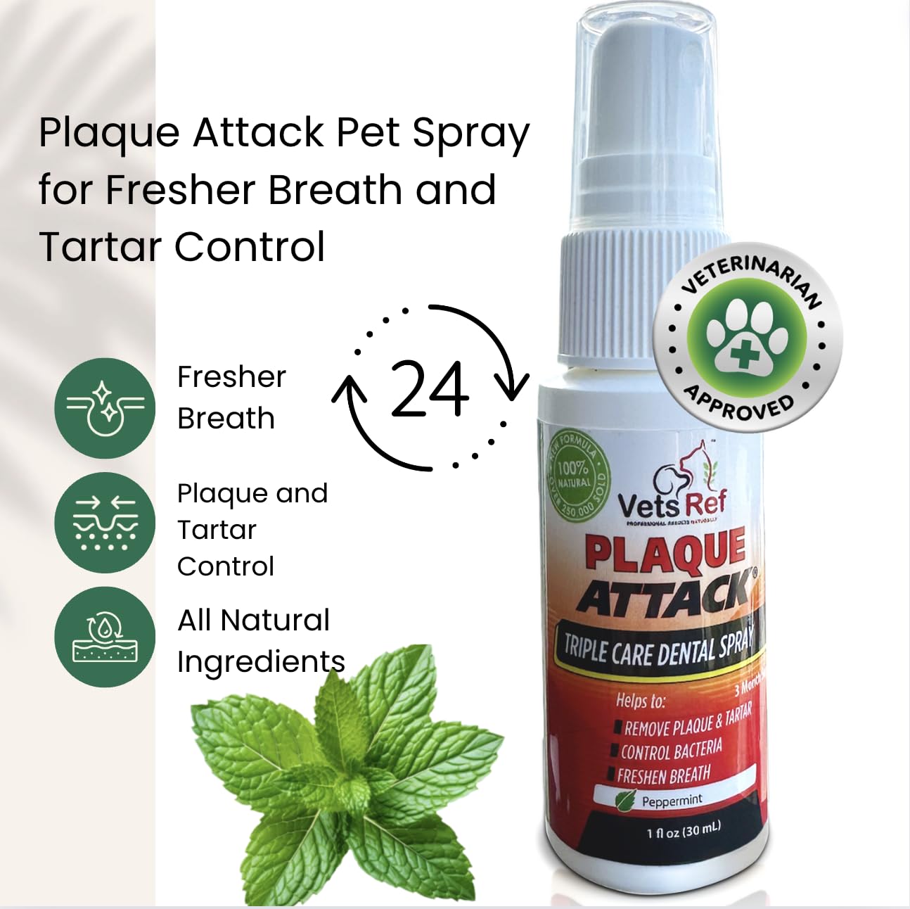 Plaque Attack Pet Dental Spray label highlights gentle formula for daily use