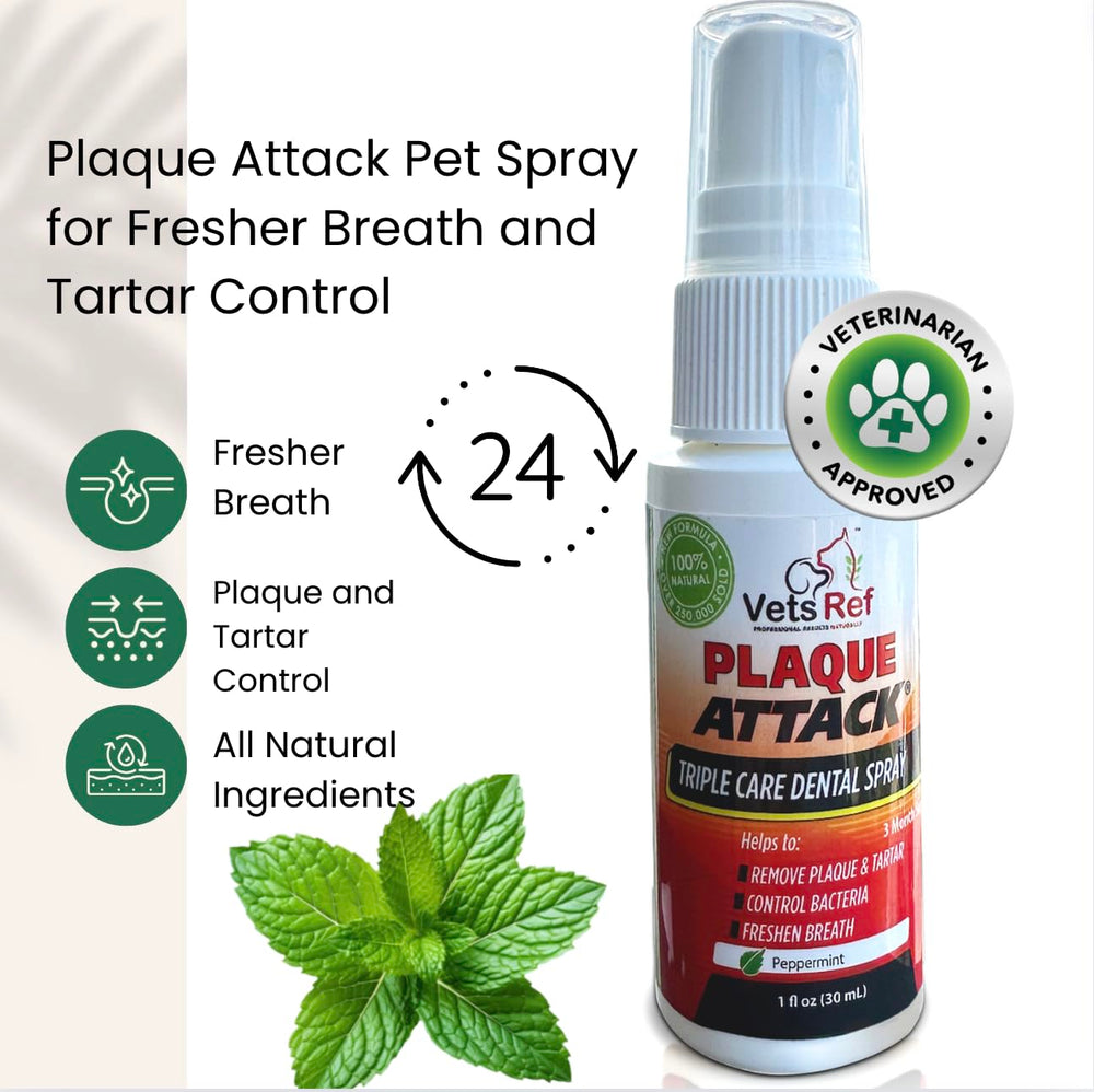 Plaque Attack Pet Dental Spray label highlights gentle formula for daily use