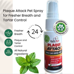 Plaque Attack Pet Dental Spray label highlights gentle formula for daily use