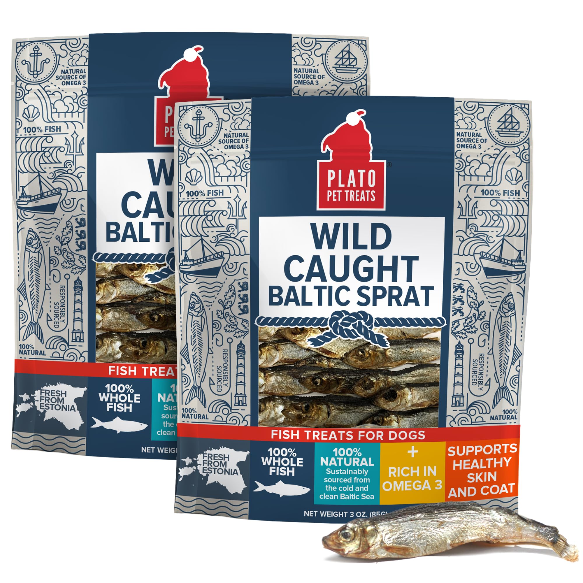 Plato air-dried fish treats show whole Baltic Sprat for tasty rewards.