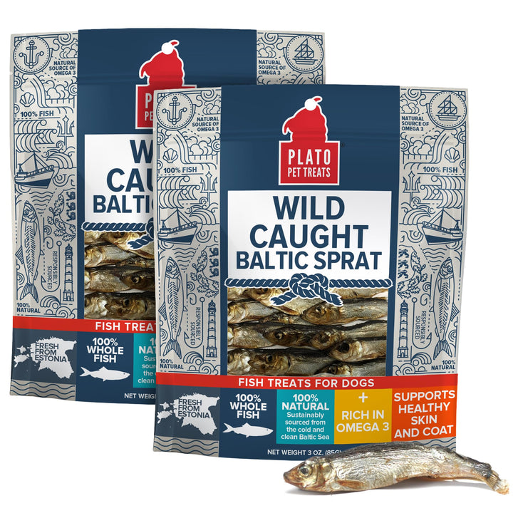 Plato air-dried fish treats show whole Baltic Sprat for tasty rewards.