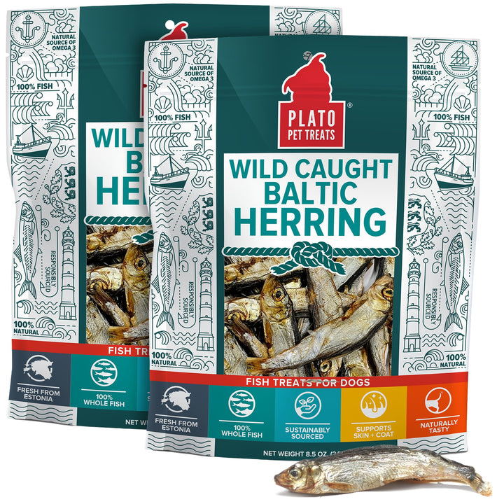 PLATO fish dog treats air-dried Baltic Herring pack shows natural omega-3 for a healthy coat.