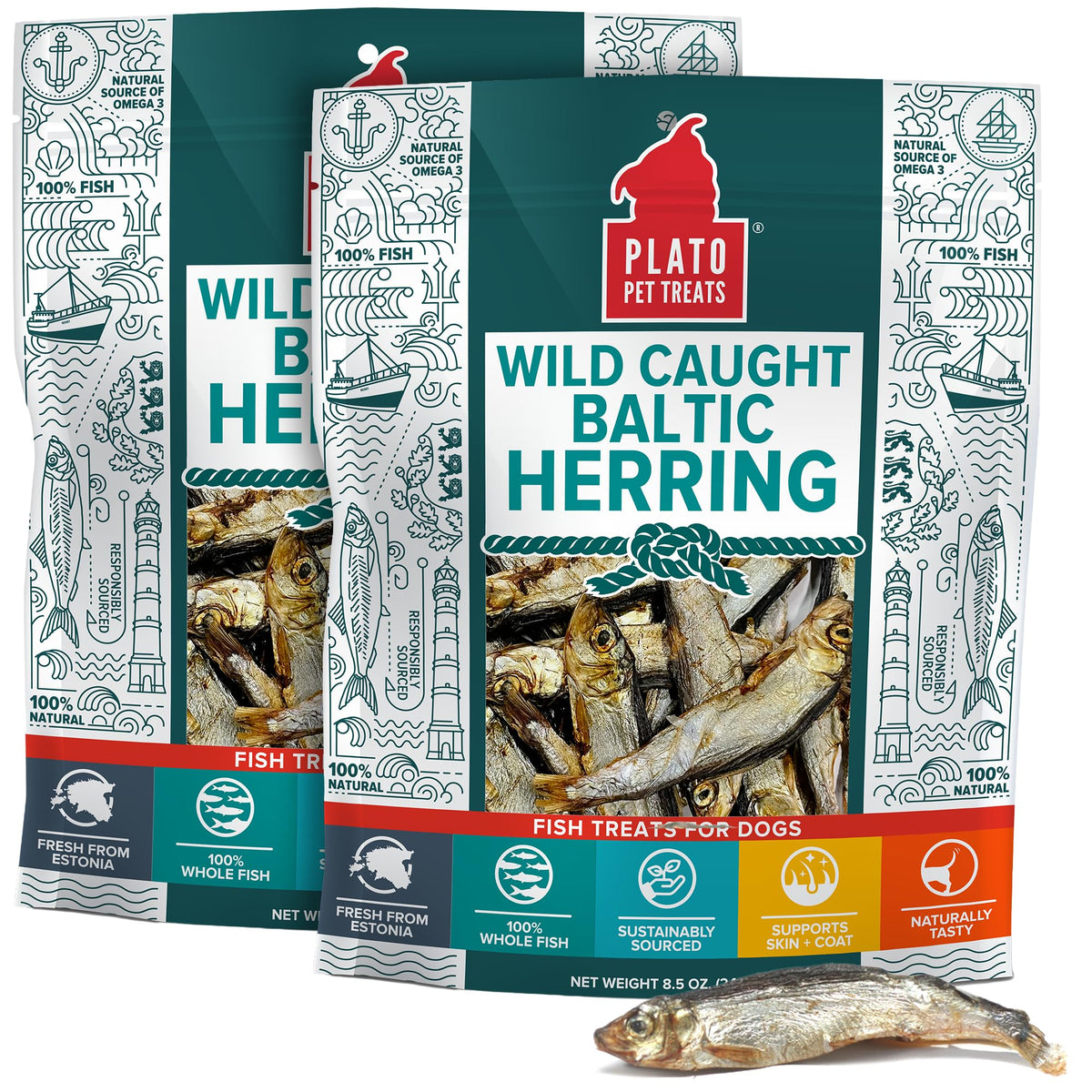 PLATO fish dog treats air-dried Baltic Herring pack shows natural omega-3 for a healthy coat.