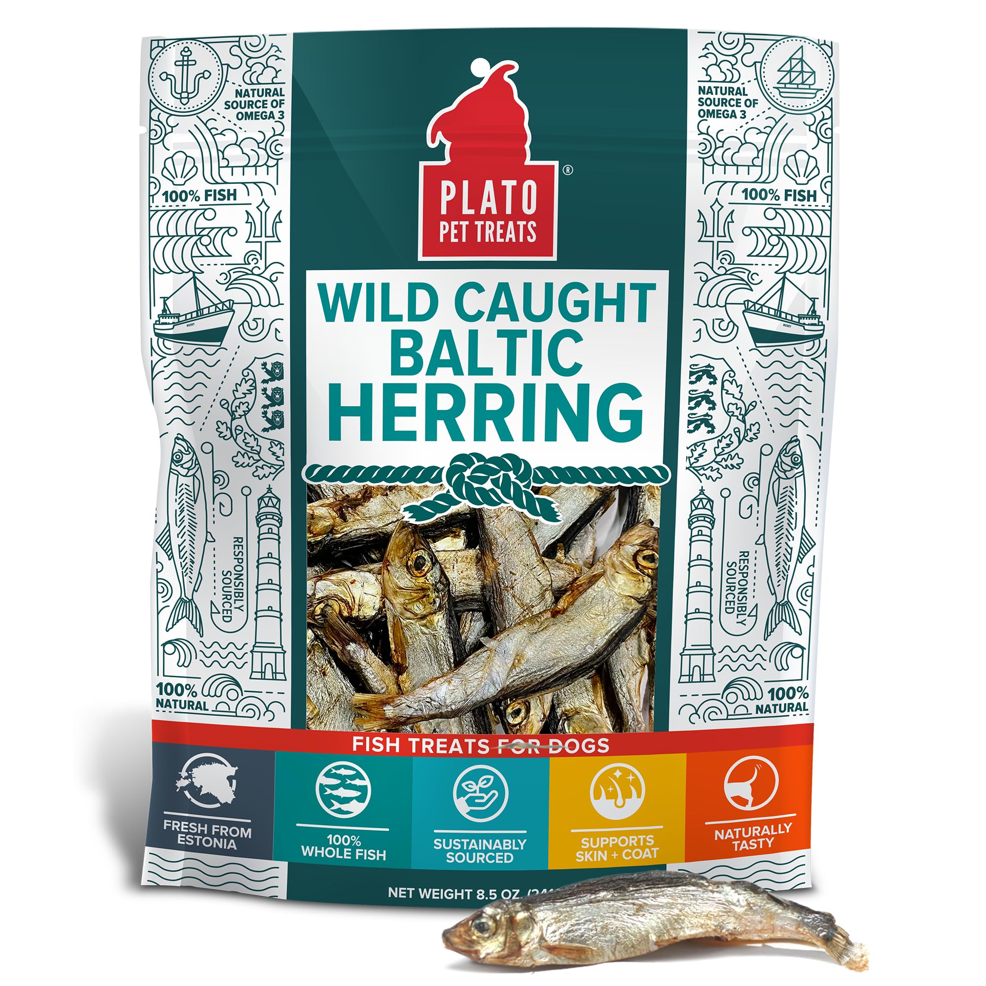 PLATO fish treats air-dried packaging highlighting sustainability and single-ingredient sourcing.