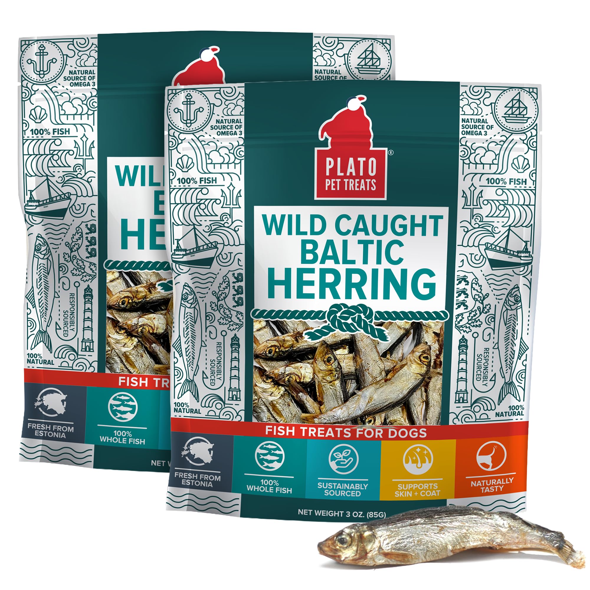 PLATO Fish Treats pack front with Baltic herring for omega-3 skin support