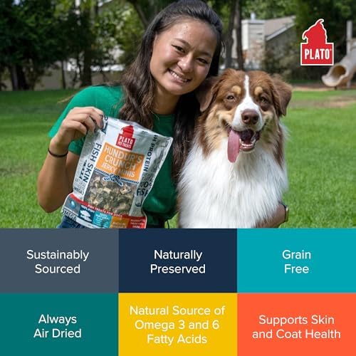 PLATO Grain-free no artificial flavors; pure dog treats for sensitive diets.