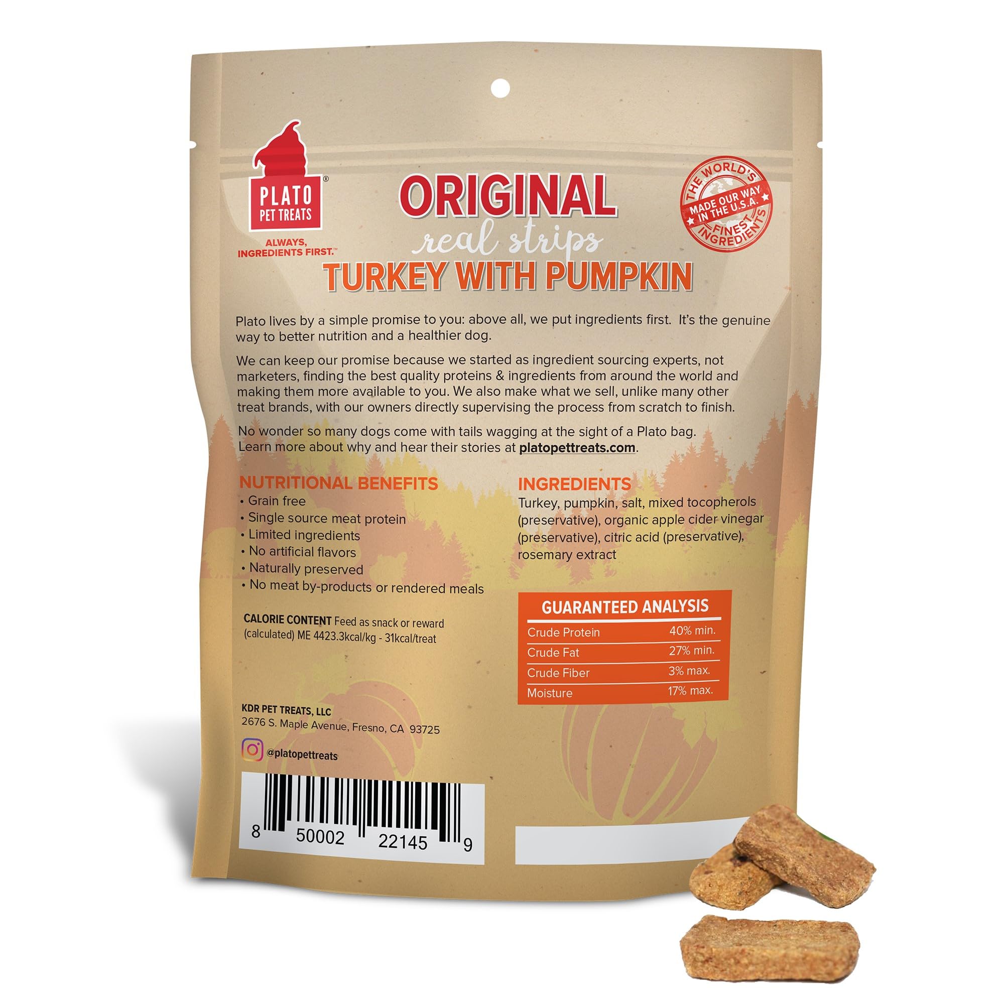 PLATO Real Strips grain-free soft-textured treats designed for easy chewing.
