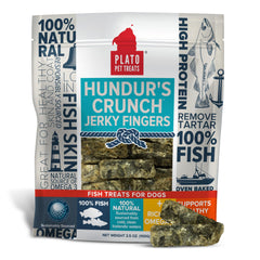 PLATO Hundur's Crunch Jerky Fingers pack view; natural cod skin treat with omega fatty acids.