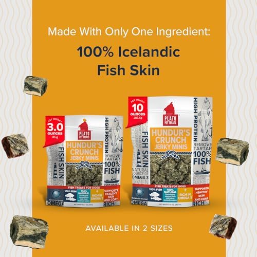 PLATO Omega-3-6 dog treats; supports healthy skin and shiny coat.