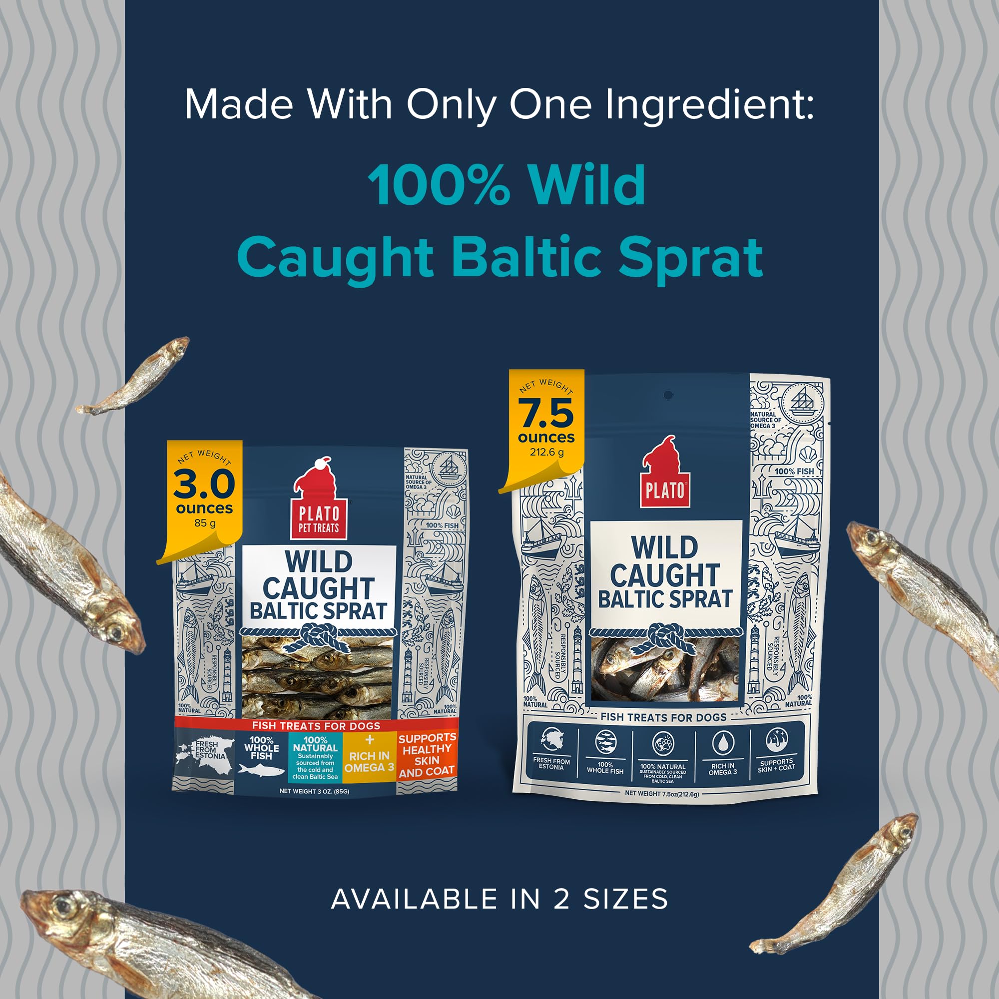 Plato omega-3-6 fish treats promoting shiny coat.