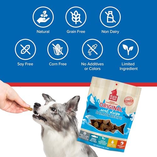 PLATO Real Strips Salmon ingredient panel shows limited ingredients and rice.