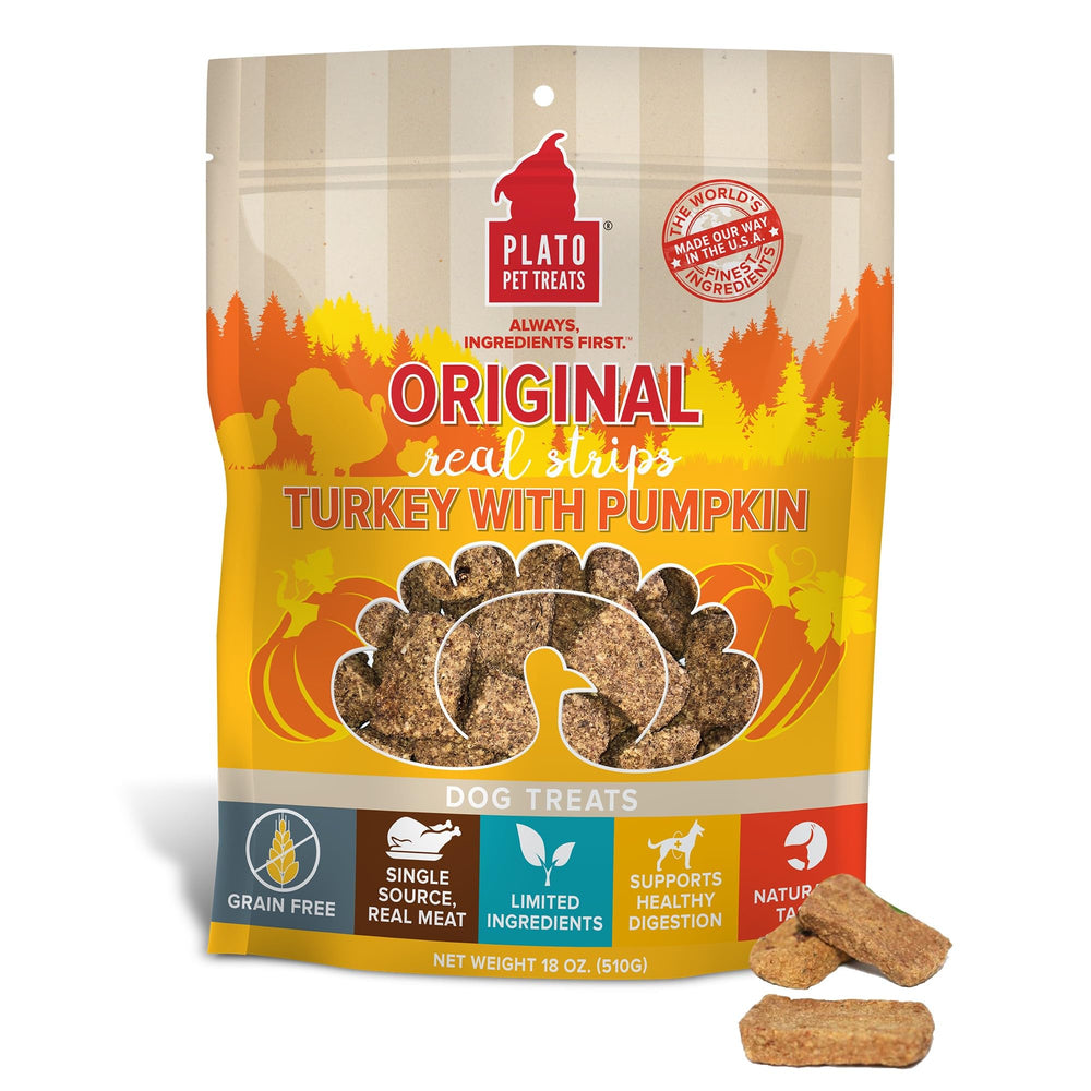 PLATO Real Strips Turkey & Pumpkin bars show real turkey as the first ingredient for dogs.