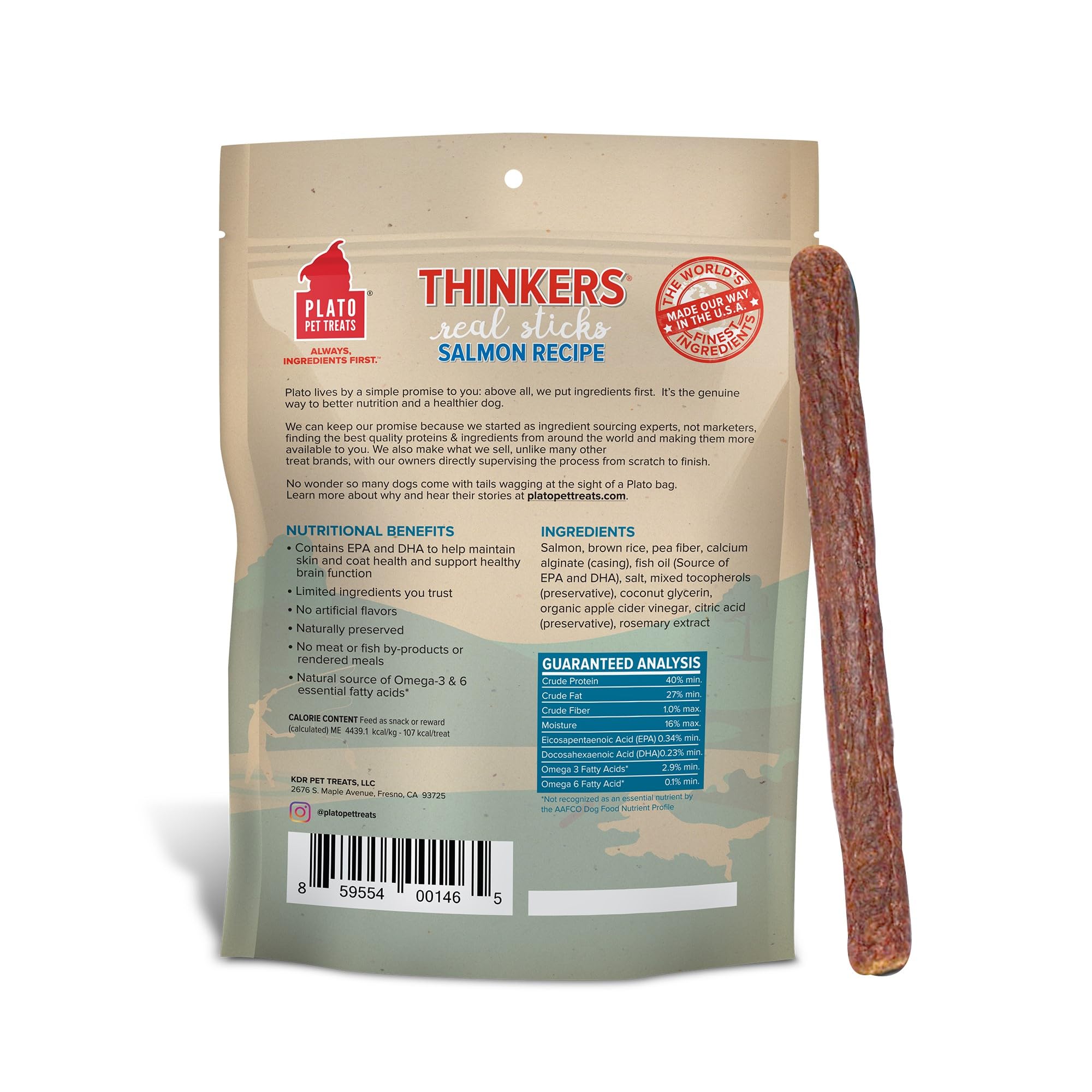 PLATO Salmon Thinkers Stick packaging shows wholesome snack for daily dog treat