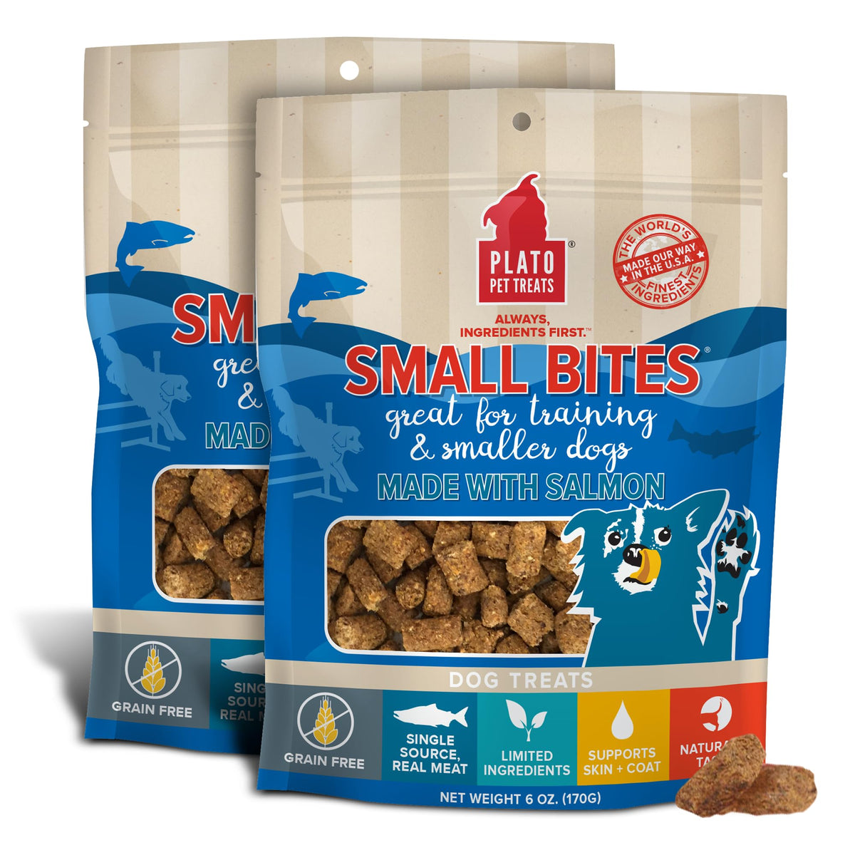 PLATO Small Bites air-dried training treats in a bag for rewards