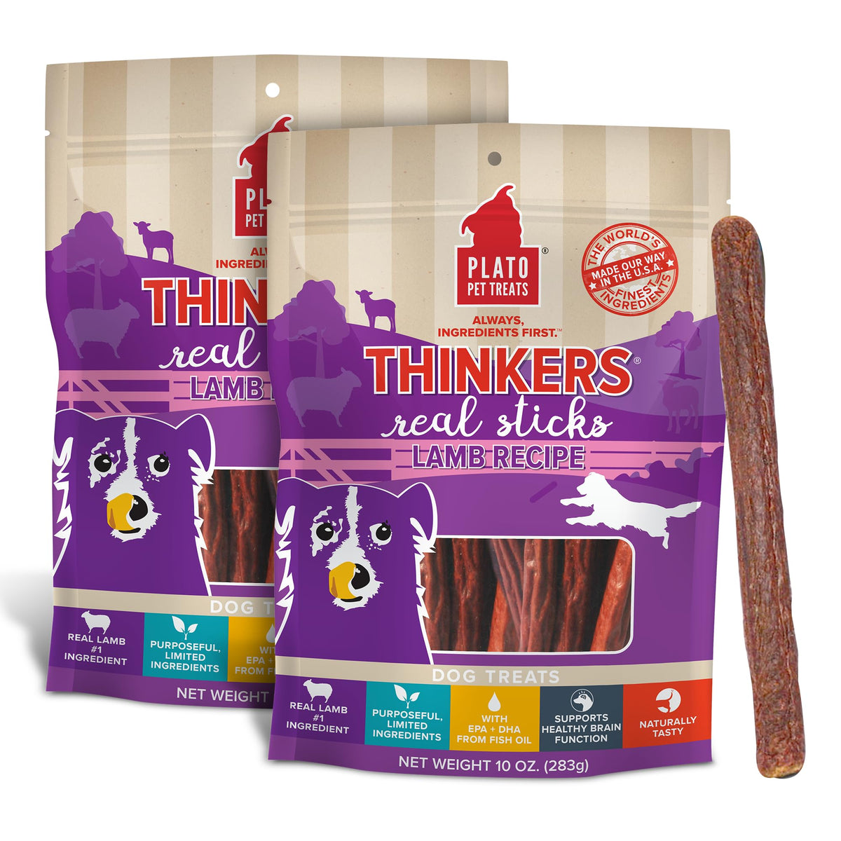 PLATO Thinkers Lamb 10oz Pack: two air-dried dog treats for healthy snacking.