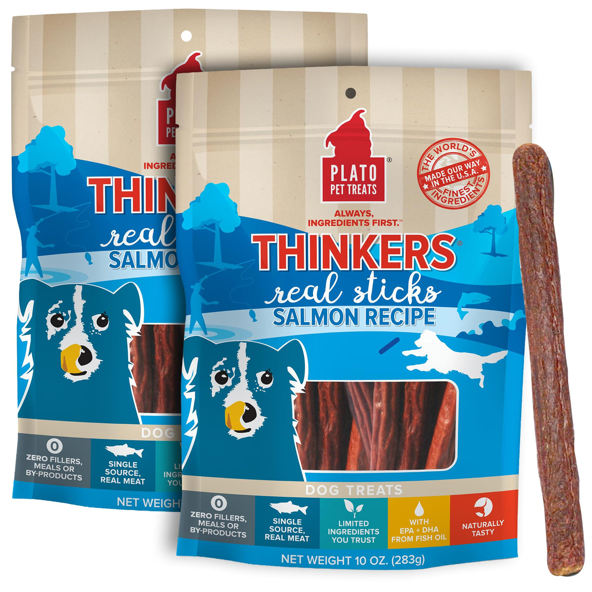 PLATO Thinkers Salmon 10oz stick closeup, tasty training reward with meaty texture.