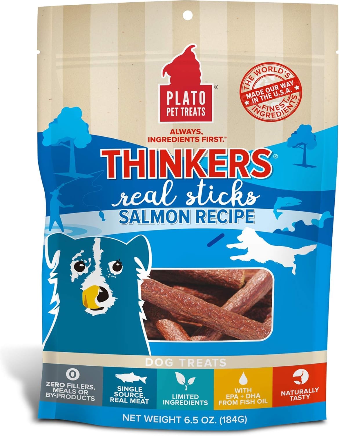 PLATO Thinkers Salmon Treats packaging shows a premium USA-made bag.