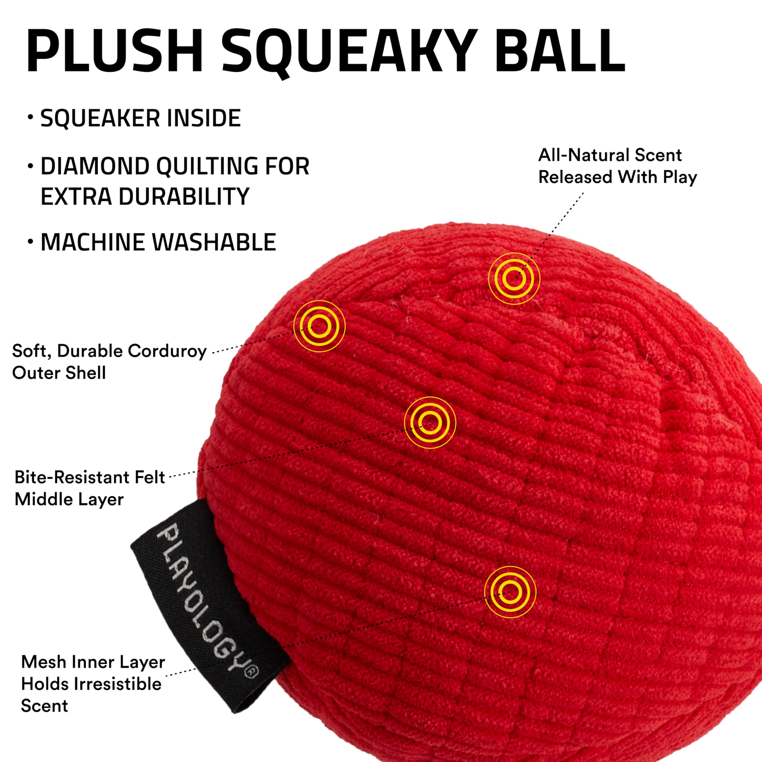 Playology squeaky ball with bite-resistant felt layer for durable chewing sessions.