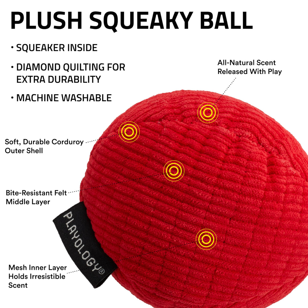 Playology squeaky ball with bite-resistant felt layer for durable chewing sessions.