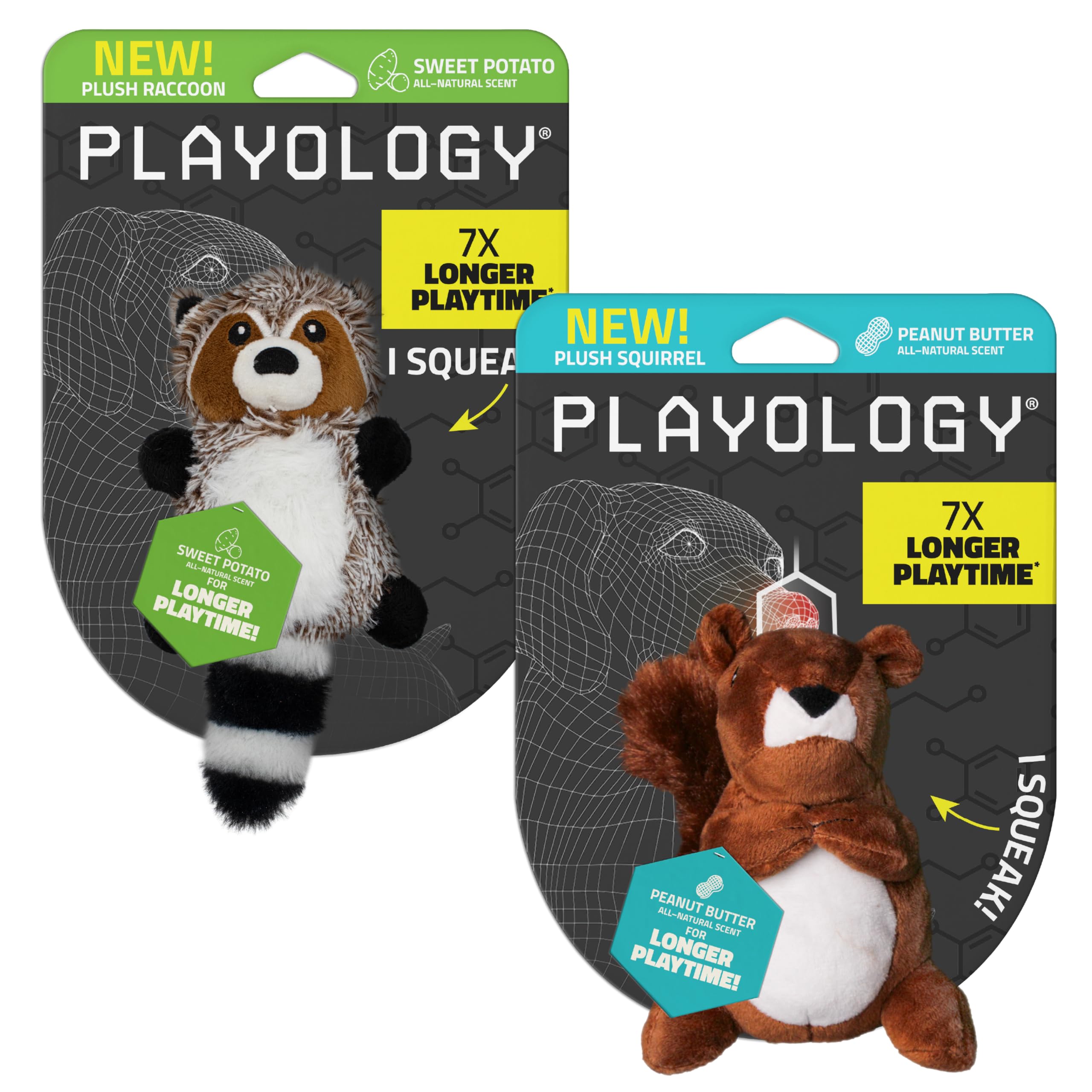 Playology plush raccoon and squirrel two-pack for dogs, ideal for gentle play and cozy snuggles.