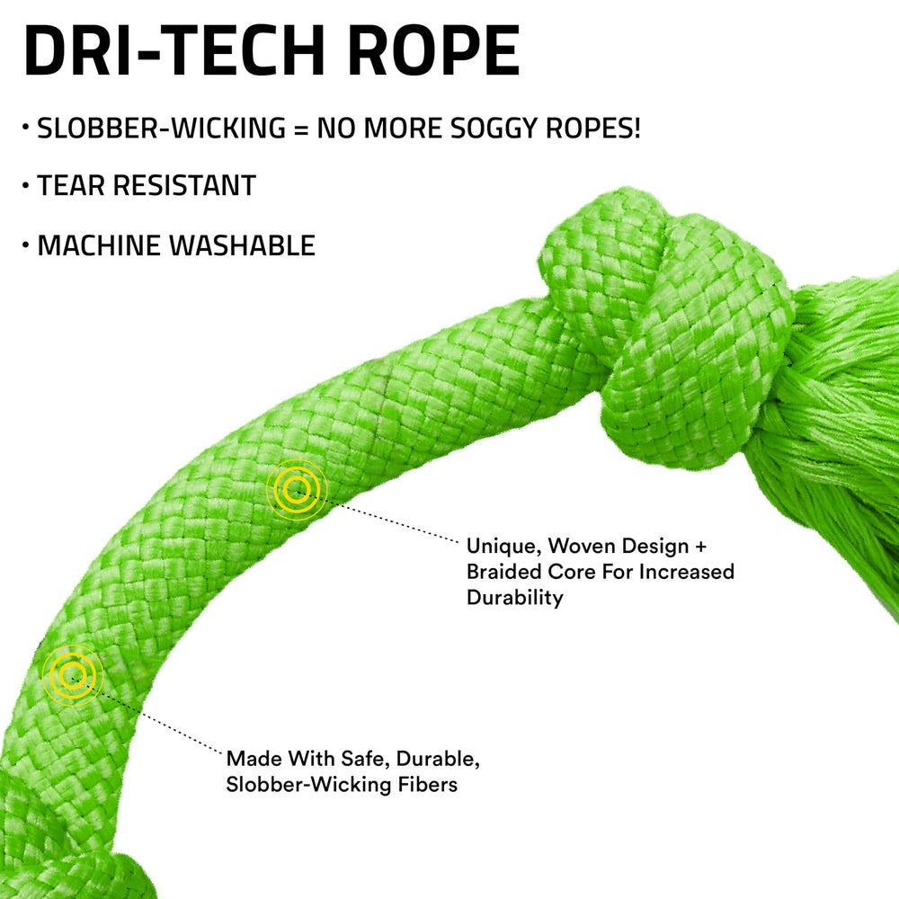 Playology Dri-Tech Rope Tug in a tug-of-war with a big dog for interactive exercise indoors or outdoors.