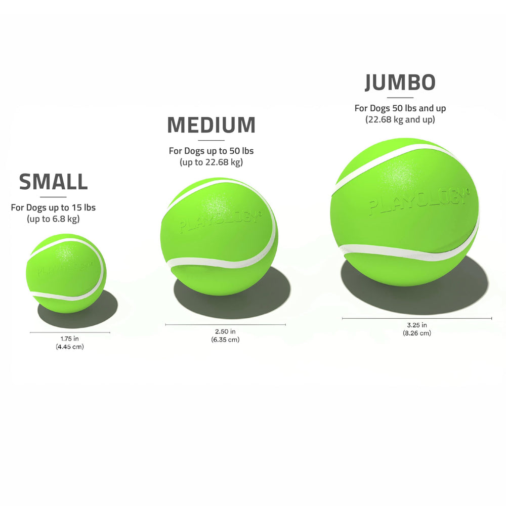 Durable rubber Playology ball withstands indoor and outdoor chewing.