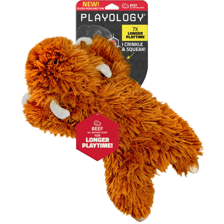 Playology Highland Cow plush toy with squeaker for interactive play