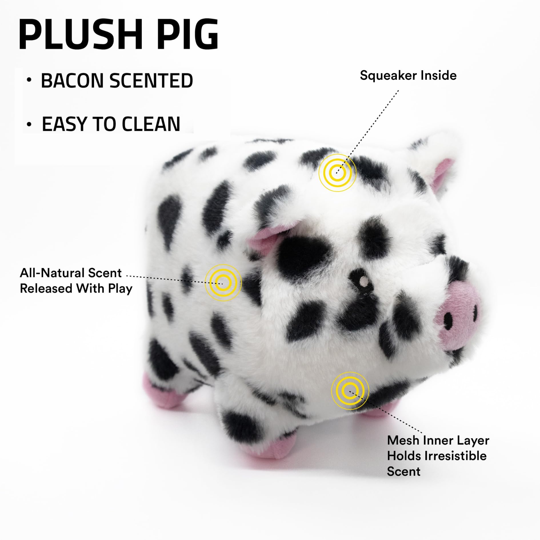 Playology plush pig squeaker toy highlights bacon scent for sniff friendly fun.